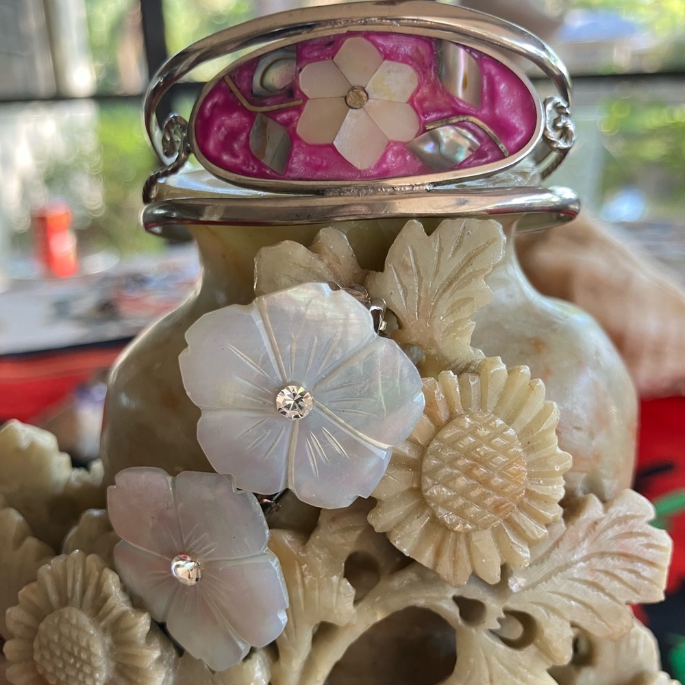 Mother of Pearl Silver Pink Floral Cuff Bracelet with earrings